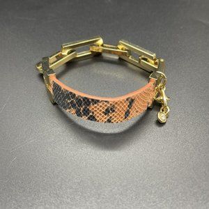 CAbi Peach /Black Leather Gold Tone Reptile Print Rectangle Link Bracelet